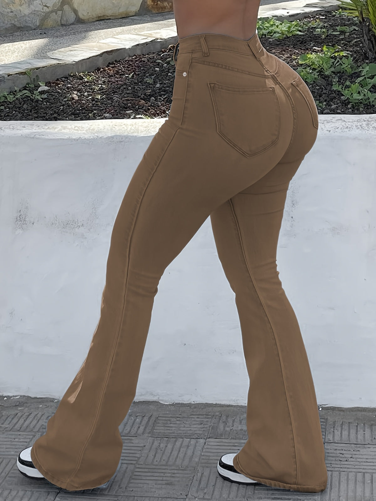 High Waist Stretch Flare Jeans Women Wide Leg Pants with Pockets – Solid Color Street Style, All-Season Comfortable Denim, Machine Washable