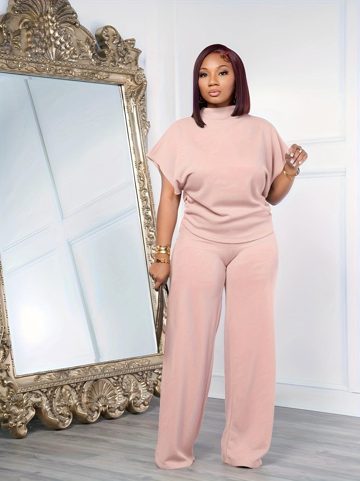 Women's Casual Sports Two-Piece Set Short Sleeve Semi-High Neck Loose Top + Wide-Leg Pants | Athleisure Tracksuit Coord for Spring Summer Daily Wear Lounge