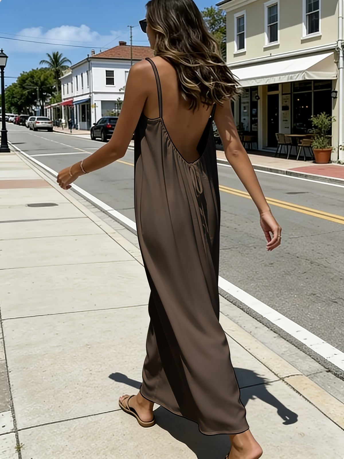Maxi Slip Dress for Women Solid Color Open Back Tie Loose Casual Lightweight Sleeveless Long Dress Everyday