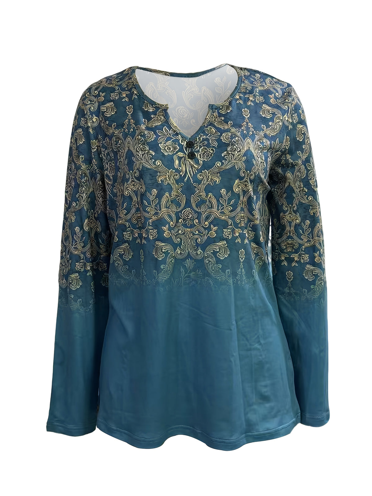 Floral Print V-Neck Long Sleeve T-Shirt Women Teal Golden All-Over Print Medium Stretch Regular Fit Casual Top Nontransparent Machine Washable Spring Fall S-XXL