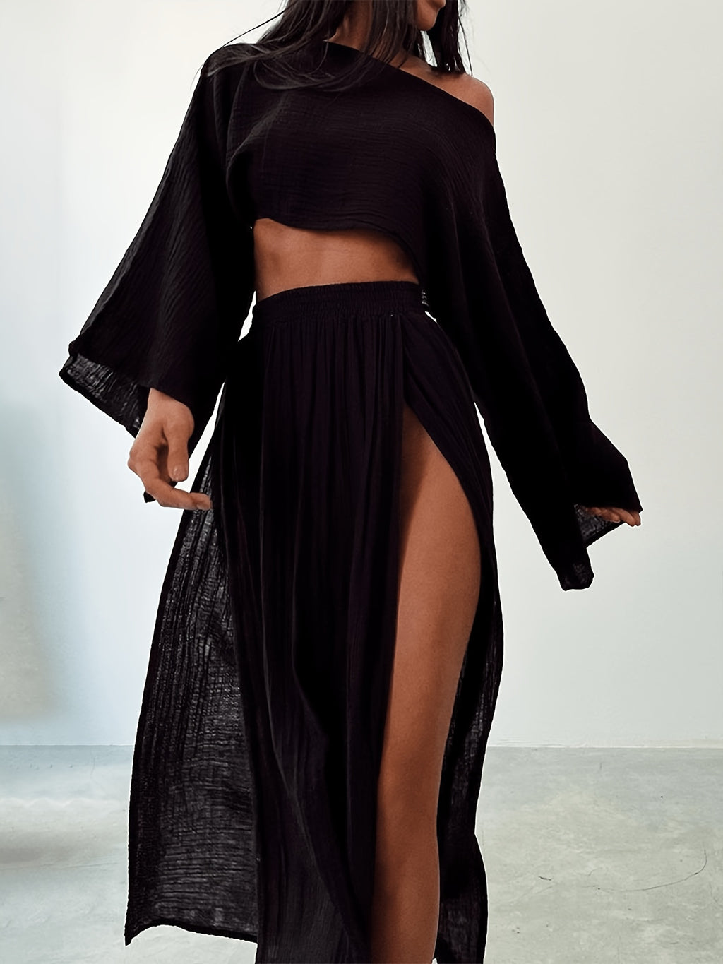 Cropped Top & High-Waist Slit Pants Two-Piece Set for Women - Soft Relaxed Fit Chic Vacation Outfit for Beach Casual Friday & Weekend Errands