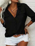 Women Solid Color Button Down Shirt Lapel Long Sleeve Blouse Casual Office Versatile Top Classic Collar Spring Fall Machine Washable