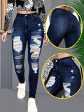 High Waist Stretchy Dark Wash Skinny Jeans Women Side Ripped Denim Pants Casual Street Style Blue S-XXL