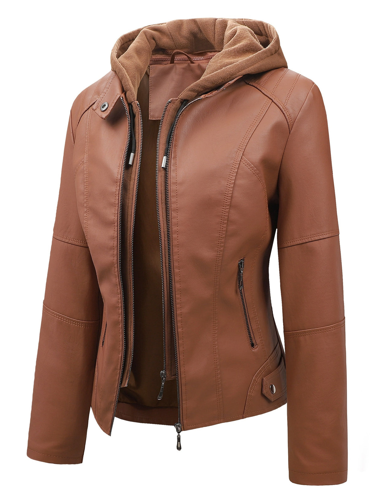 PU Leather Motorcycle Jacket for Women Black Slim Fit Hooded Windproof Casual Coat Fall Winter