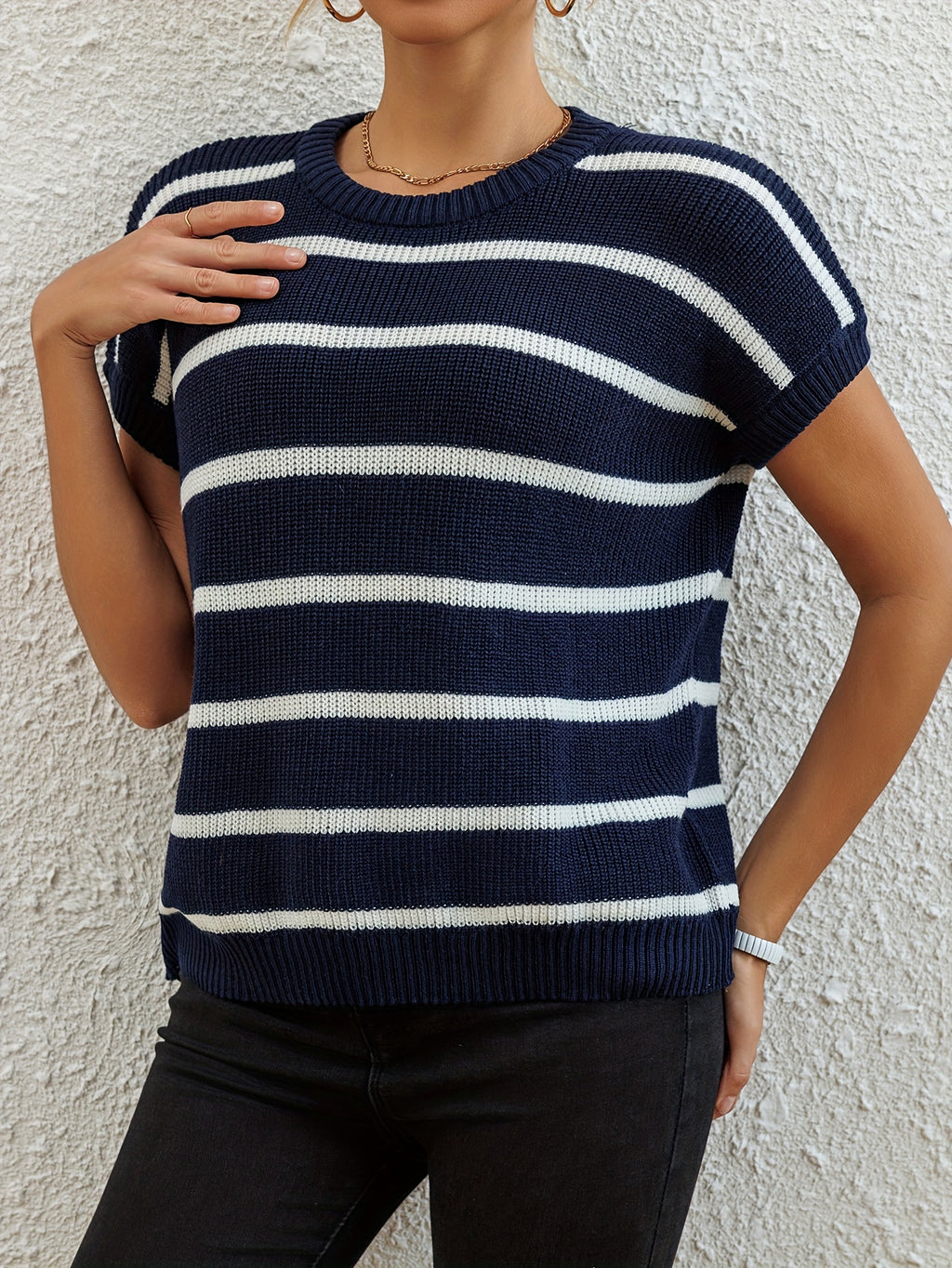 Black White Stripe Pullover Sweater Women Loose Fit All-Season Elegant Knit Top | Classic Horizontal Stripe Chic Blouse for Casual Formal Party Daily Wear