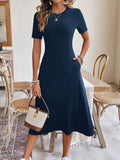 Solid A-Line Midi Dress Women Short Sleeve Round Neck Pocket Stretch Elegant Casual Work Dress All Season S-XXL