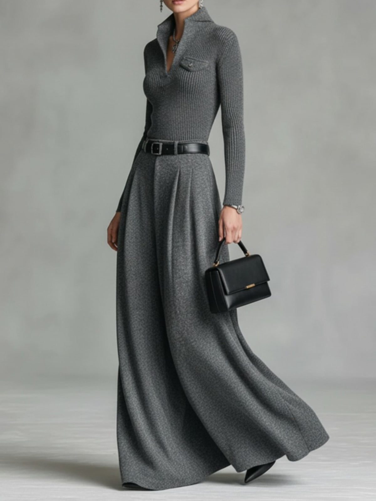 Ribbed Top Draped Wide-Leg Long Skirt 2pcs Set Women Relaxed Luxurious Casual Chic Citywalk Gathering Spring Summer All-Season Grey Outfit M-XXL