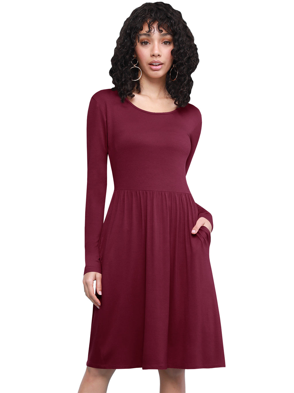 Long Sleeve Flowy Dress with Pockets Women Casual Soft Breathable Relaxed Fit Everyday Dress 18 Colors S-XXL