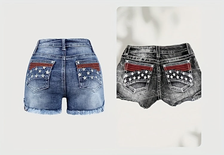 Women Star Striped American Flag Stretch Denim Shorts Patriotic Print Casual Summer Jean Shorts Grey XL