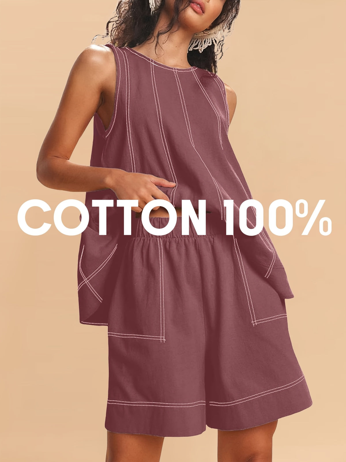 Women's 2-Piece Matching Set Sleeveless Tank Top & High Waist Shorts with Pockets Contrast Stitching
