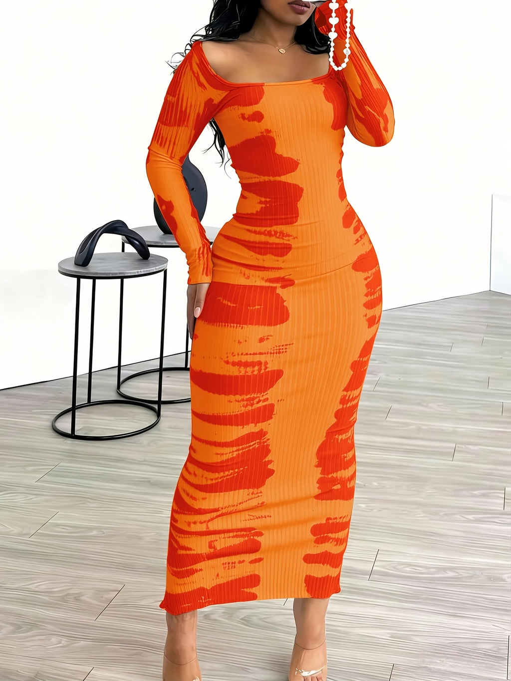 Tie-Dye Bodycon Maxi Dress Women Long Sleeve Ankle Length Contrasting Print Figure-Hugging Sexy Elegant Long Dress