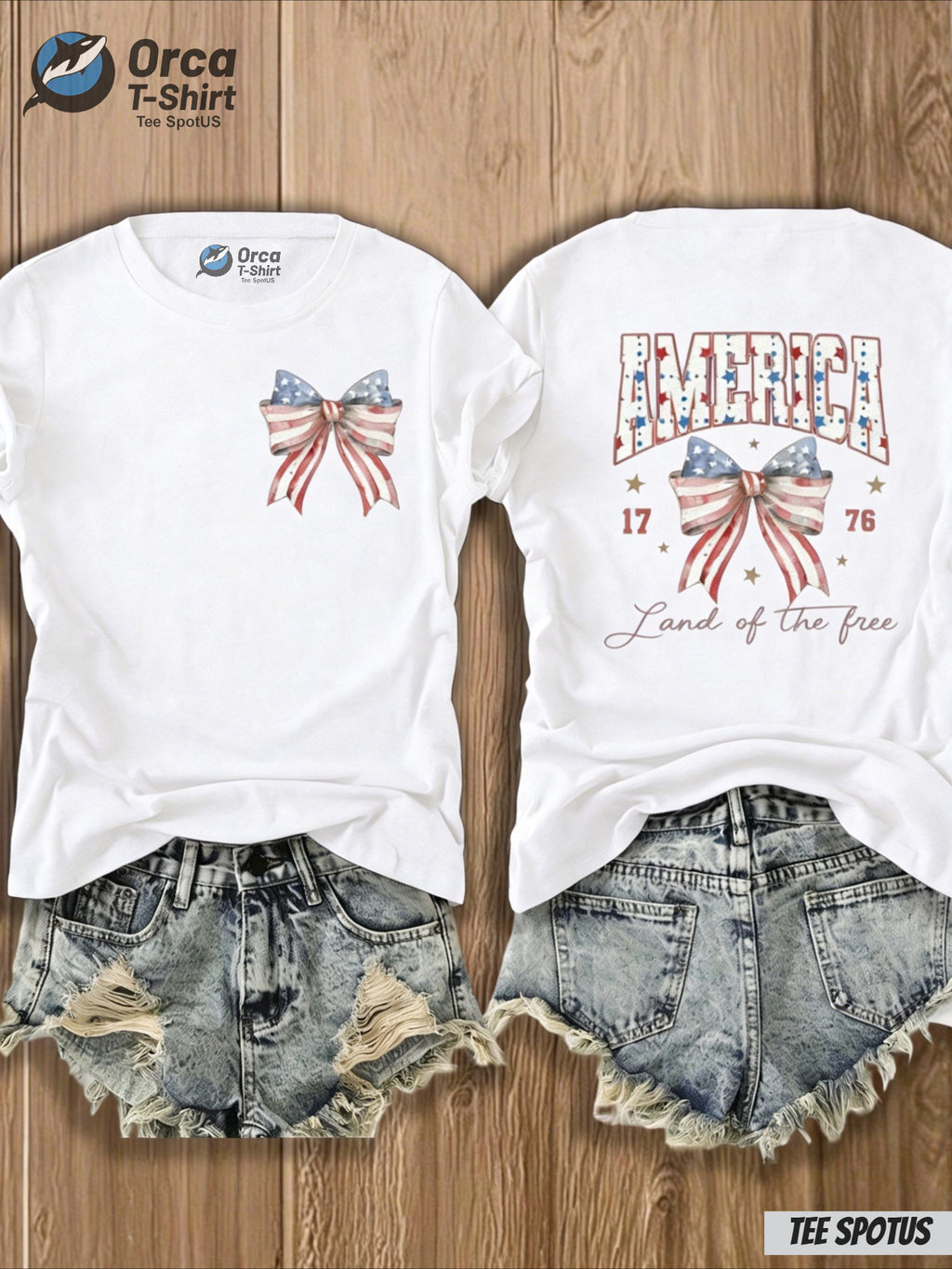 4th of July T-Shirt Women America Flag Bow Print Crew Neck Casual Patriotic Top 8 Colors S-XXL