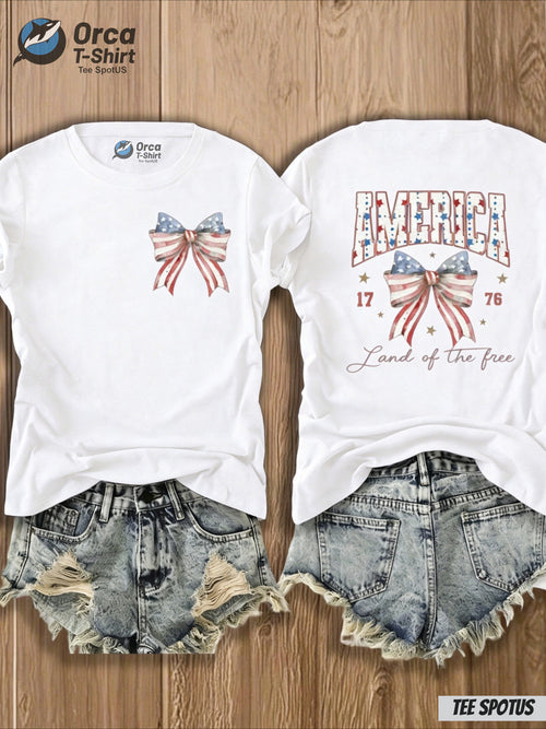 4th of July T-Shirt Women America Flag Bow Print Crew Neck Casual Patriotic Top 8 Colors S-XXL
