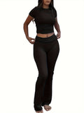 Women's Solid Color 2 Piece Set Short Sleeve Crew Neck T-Shirt & Skinny Flared Leg Pants Casual Matching Outfit