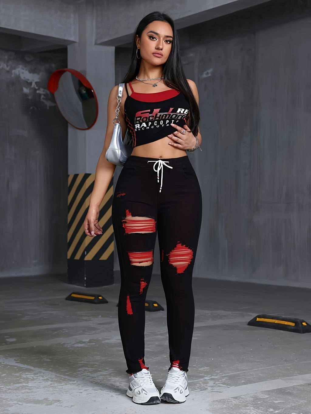 Black Red Distressed Skinny Jeans Women Drawstring Elastic Waist Stretch Ripped Denim S-XXL