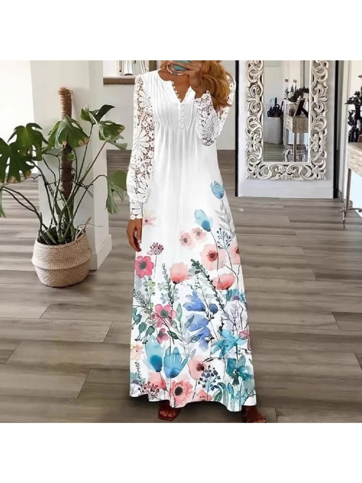 Women's Bohemian White Lace Long Dress V-Neck Long Sleeve High Waist A-Line Flowing Hem Romantic Date Beach Dress