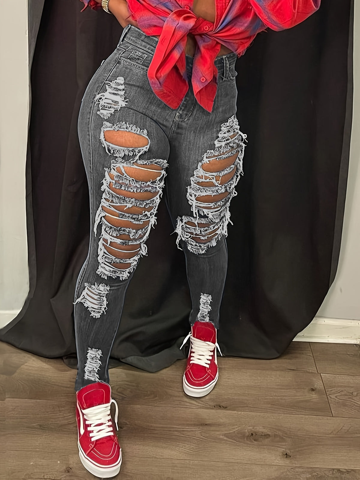Distressed High Waist Jeans for Women Ripped Torn Frayed Elastic Denim Pants Skinny Fit Casual Streetwear Medium Dark Light Blue Grey White S-XXL