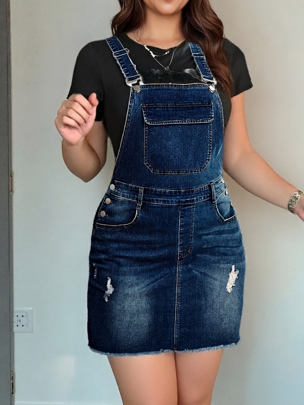 Women Stretch Denim Overall Skirt Adjustable Shoulder Straps Distressed Ripped Raw Hem Front Back Pockets Mid Length Medium Blue S-XL