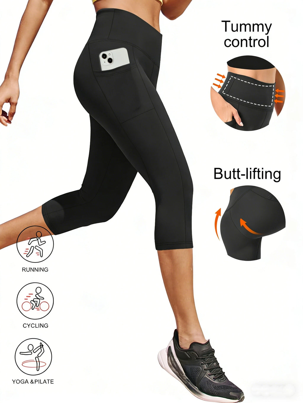 High Waist Capri Leggings with Pockets Women 4-Way Stretch Gray Workout Pants M-XXL Spring Summer Fall
