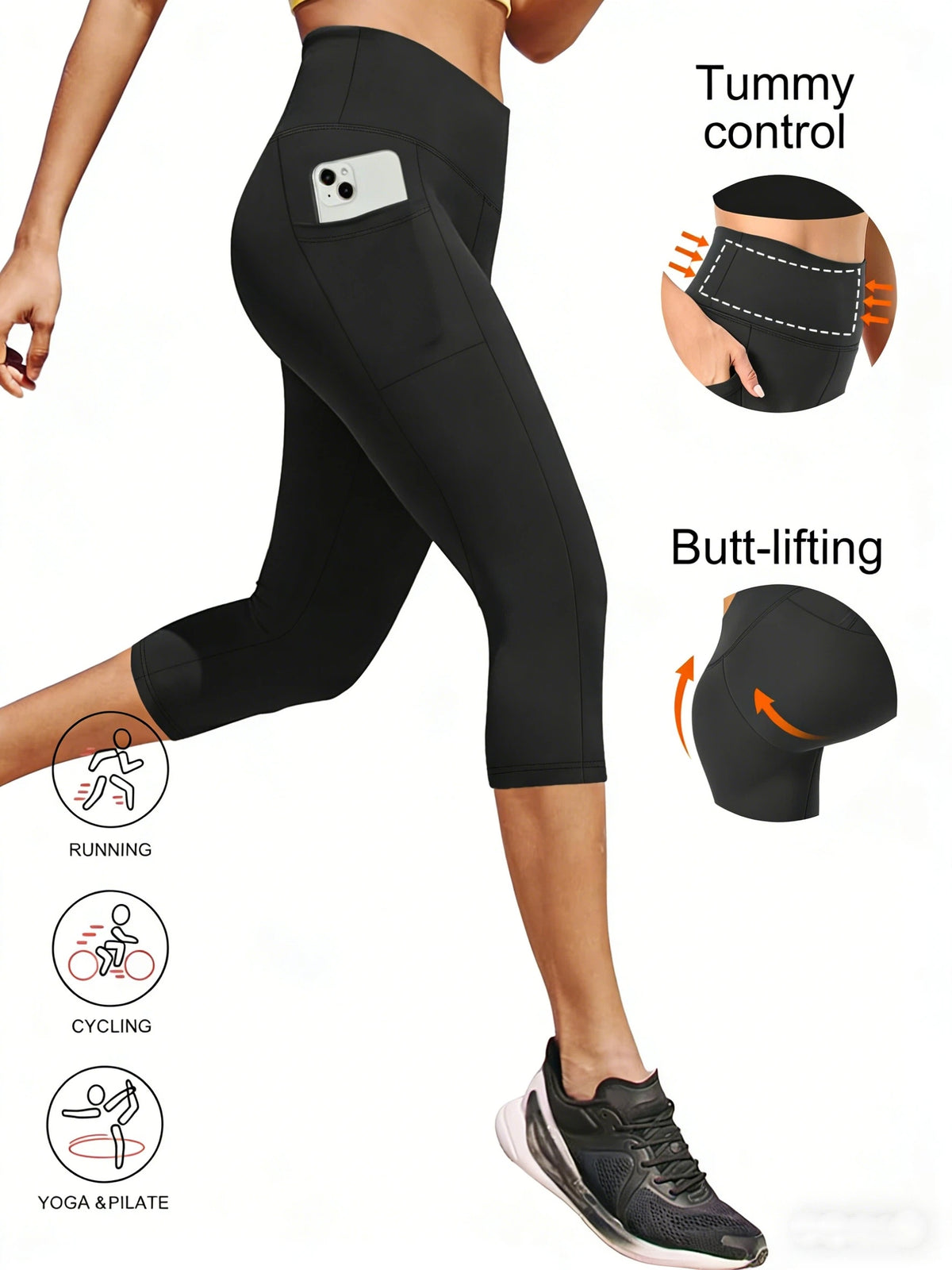 High Waist Capri Leggings with Pockets Women 4-Way Stretch Gray Workout Pants M-XXL Spring Summer Fall