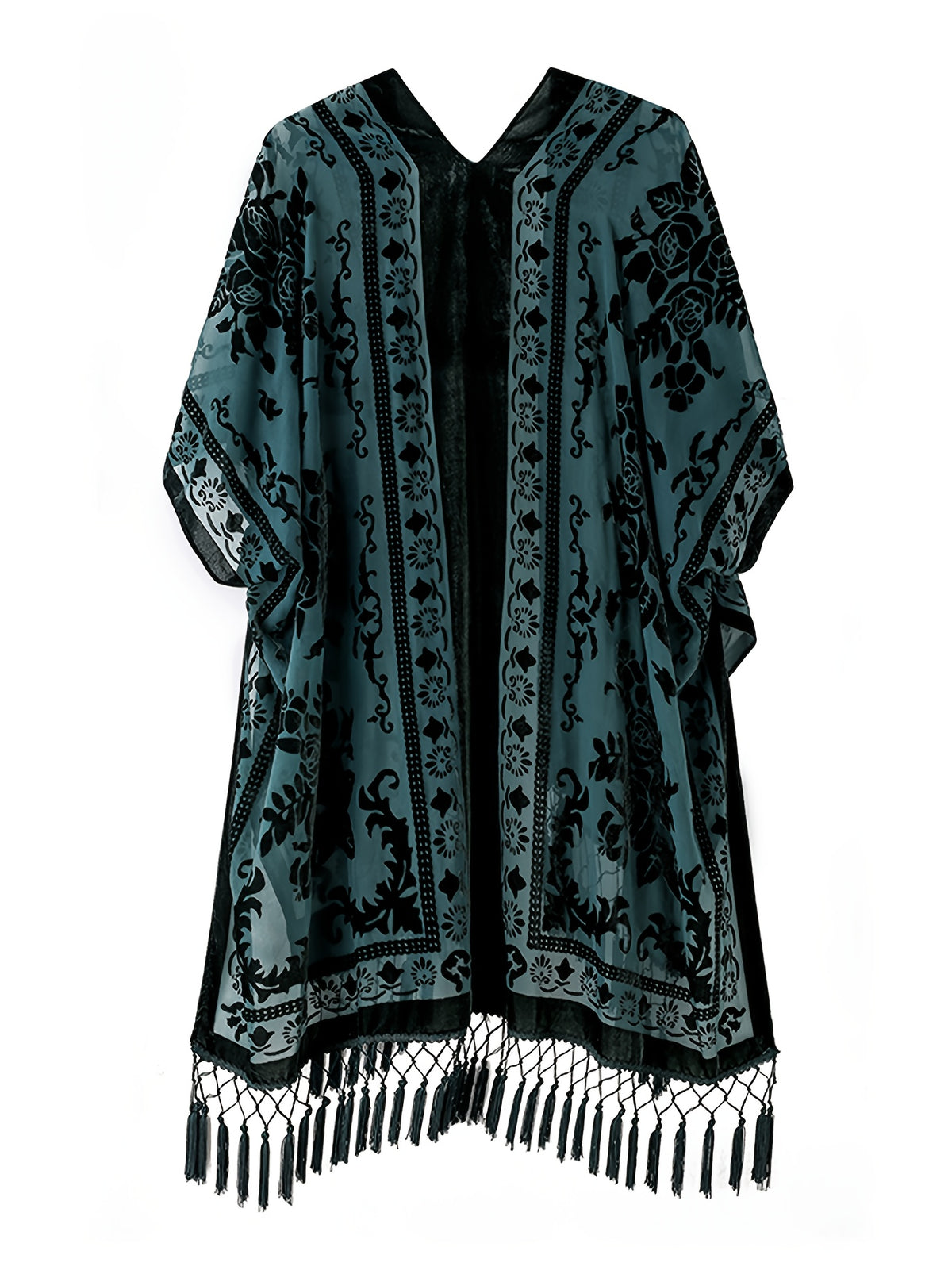 Boho Burnout Velvet Kimono Women Long Cardigan Cover Up Tassel Floral Embroidered One Size