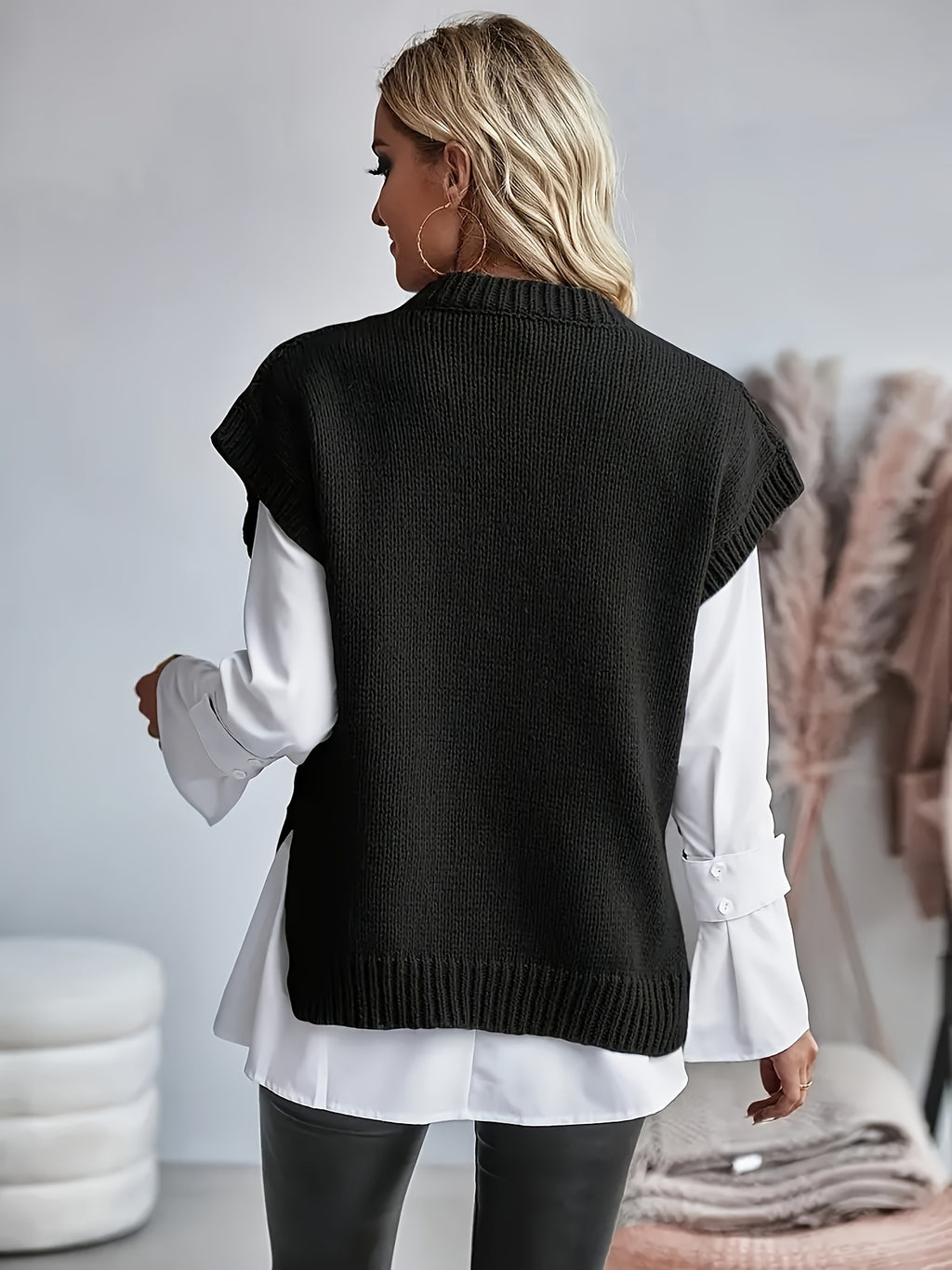 Cable Knit Sweater Vest Women Sleeveless Round Neck Slit Hem Solid Color Layering Top - Casual Semi-Formal Acrylic Knitwear Spring Summer Fall