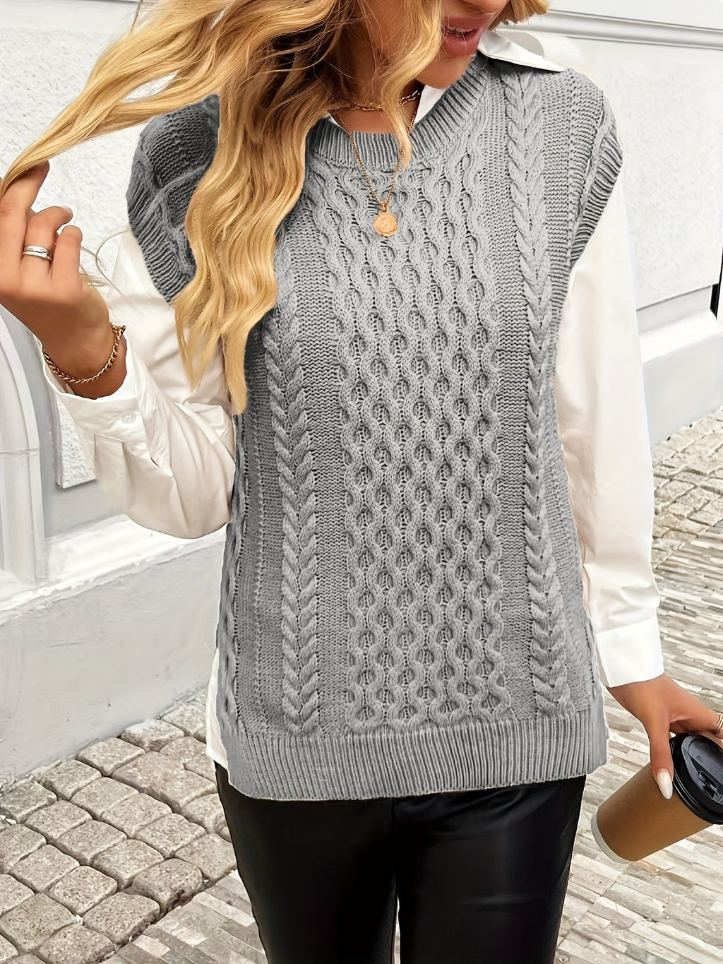Cable Knit Sweater Vest Women Sleeveless Round Neck Slit Hem Solid Color Layering Top - Casual Semi-Formal Acrylic Knitwear Spring Summer Fall