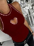 Rhinestone Heart Cutout Camisole Top Women Fashion Embellished Sleeveless Party Going Out Trendy Glam Top S-XXL