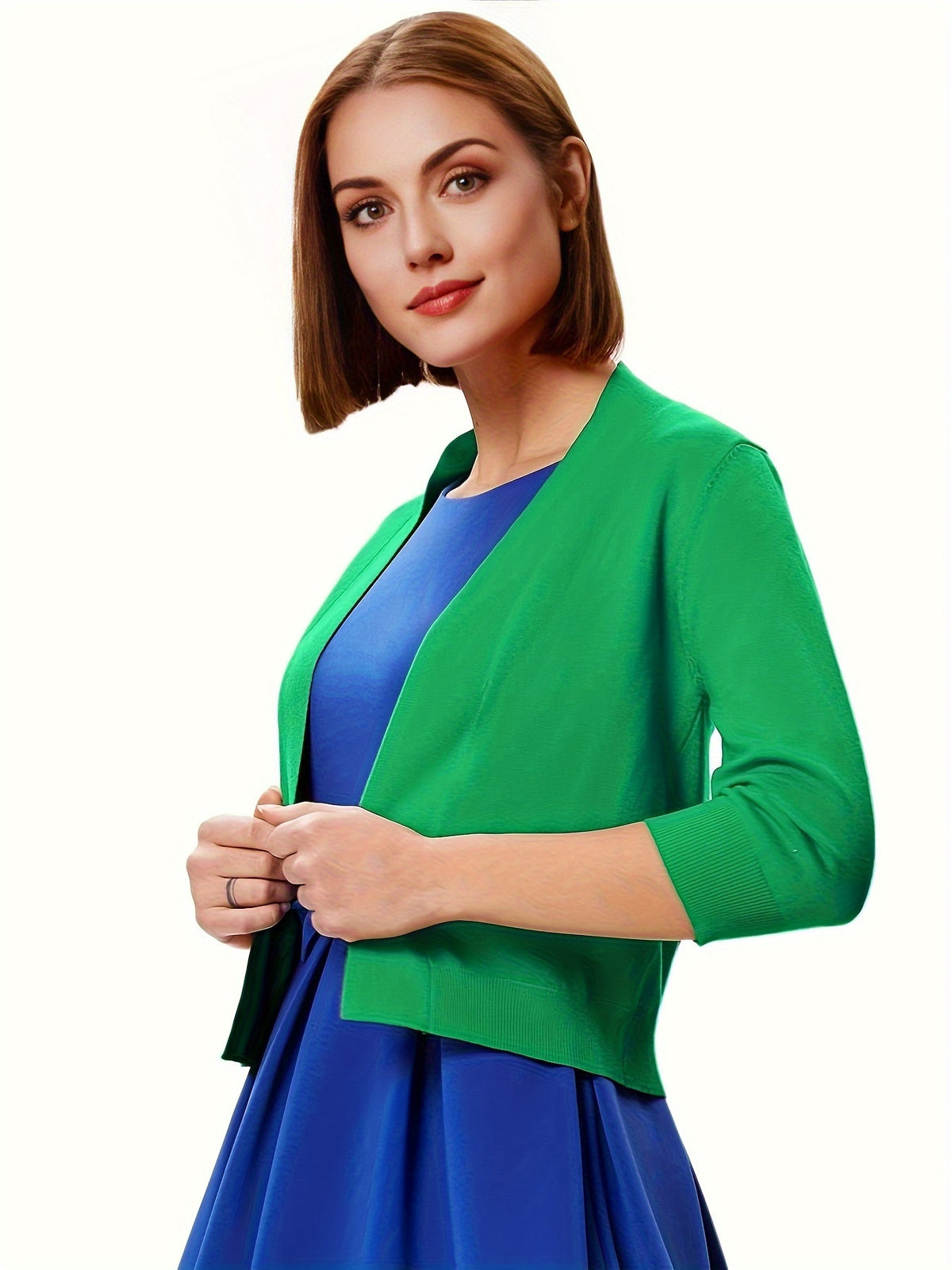 Cropped Open Front Cardigan Women 3/4 Sleeve Knit Shrug Ribbed Hem Draped Neckline Lightweight Stretchy Layering Top 9 Colors Spring Summer Fall S-XXL