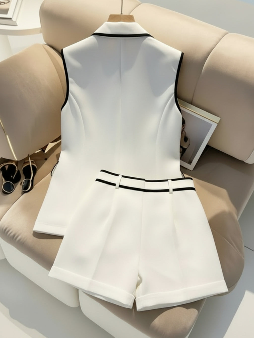 Double-Breasted Vest & Shorts 2-Piece Set for Women - Black White Contrast Trim Polished Casual Suit Chic Matching Outfit