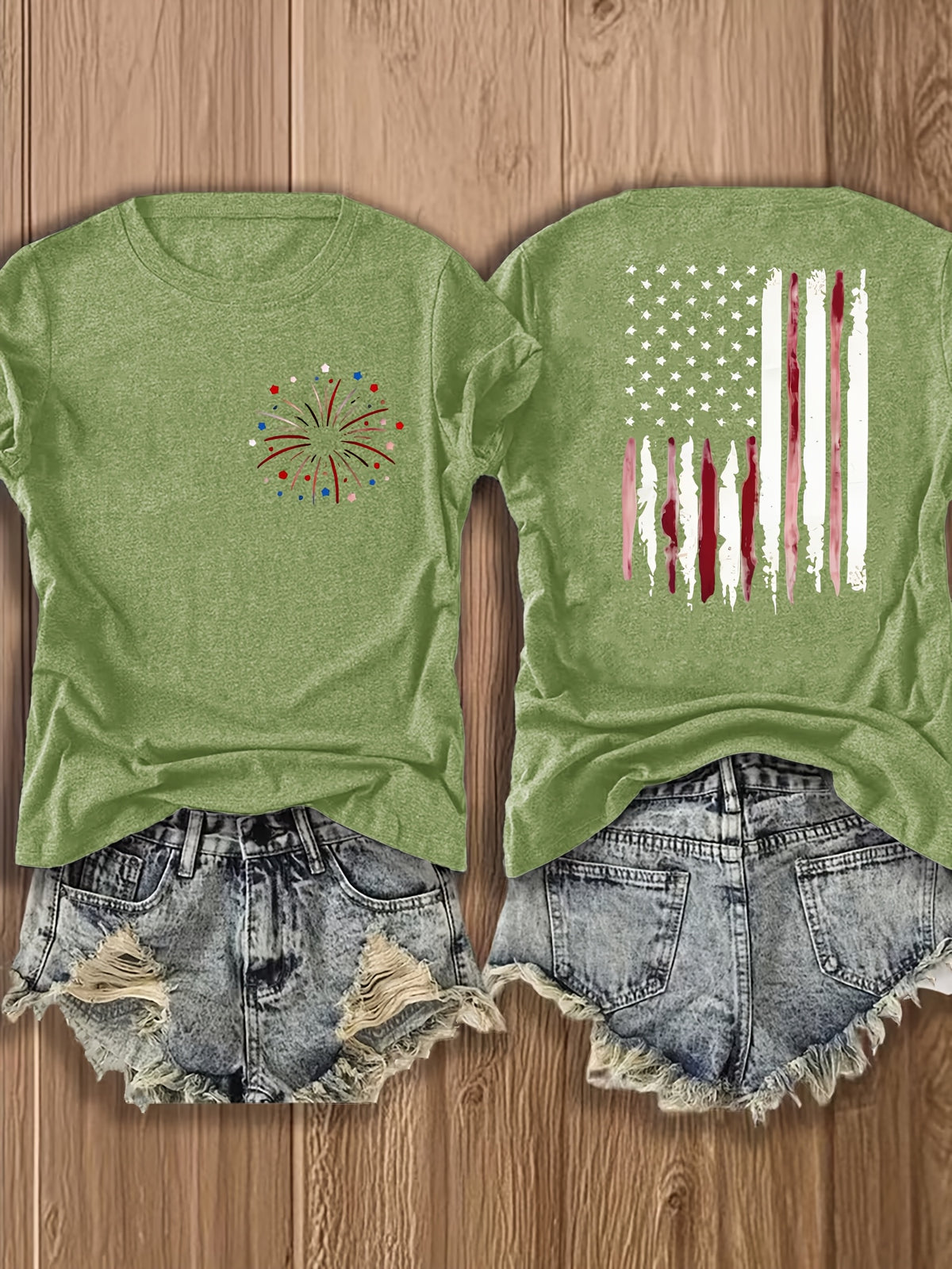 American Flag Print T-Shirt Women Patriotic Graphic Tee Short Sleeve Crew Neck | Fireworks USA Print Lightweight Breathable Top for 4th of July Summer Daily Wear