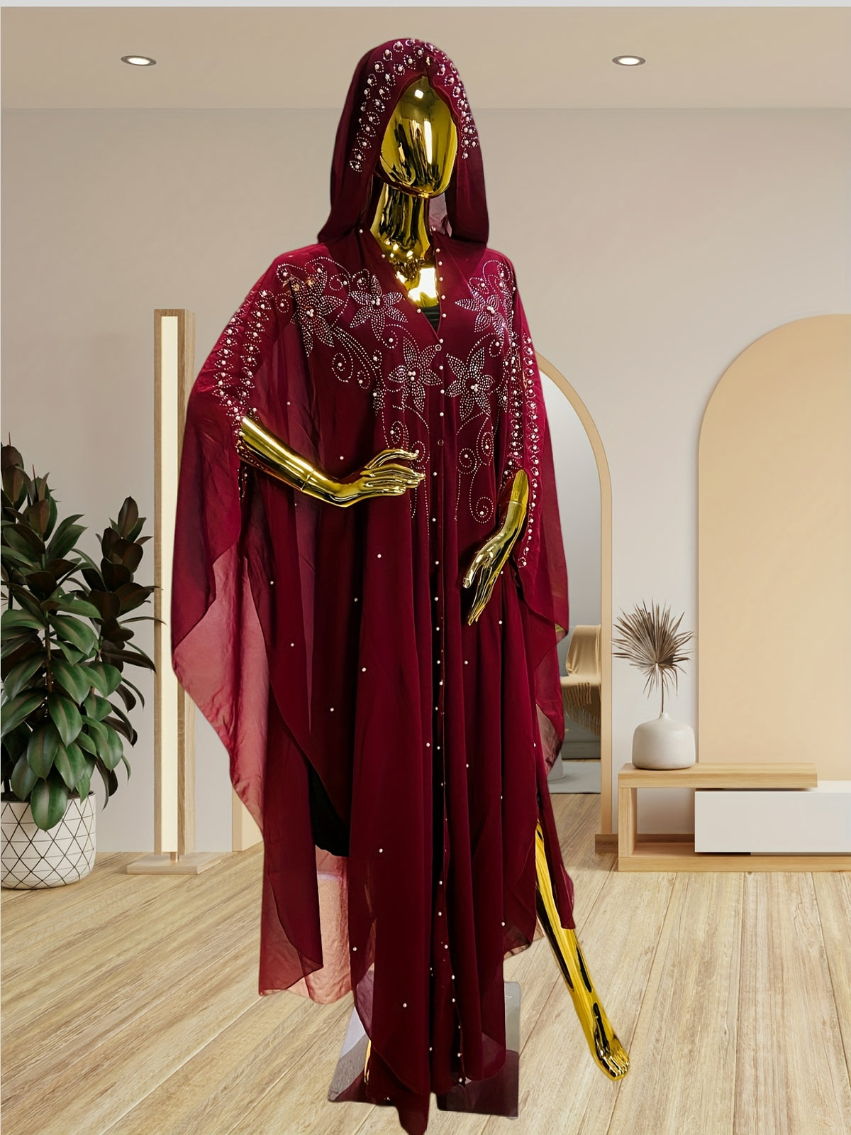 Rhinestone Cape Abaya Dress Women Batwing Trumpet Sleeves Long Cape Semi-Sheer Pearl Crystal Split Hem Formal Wedding