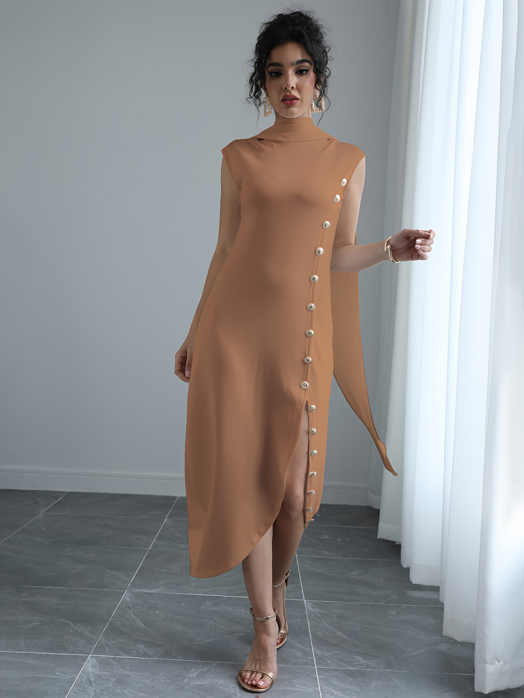 High Neck Sleeveless Maxi Dress Women Shawl Collar Side Split Solid Color A-Line Floor Length Wrinkle Resistant Casual Formal Dress S-XXL