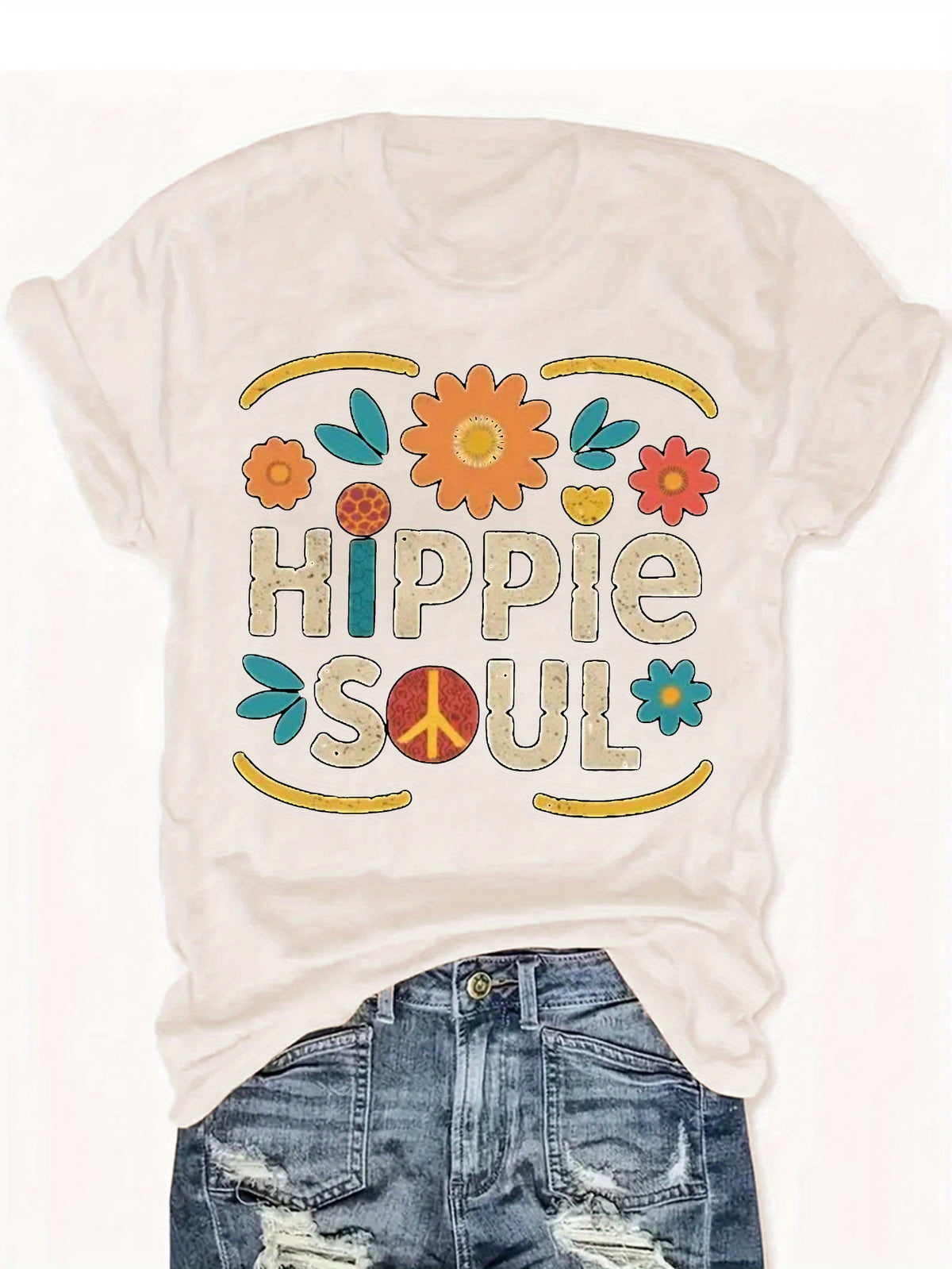 Hippie Soul Boho Graphic Tee Women Vintage Floral Print Festival Casual Comfortable Blend T-Shirt 5 Colors S-XXL