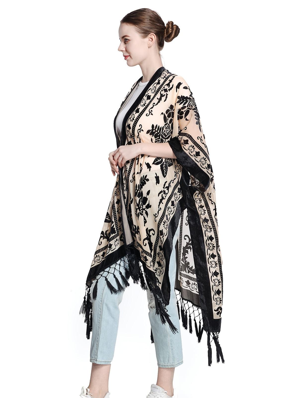 Boho Burnout Velvet Kimono Women Long Cardigan Cover Up Tassel Floral Embroidered One Size