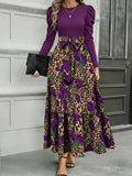 Leopard Print Rose Patchwork Tie Waist Dress Women Elegant Fitted Fall Winter Date Night Party Round Neck Midi
