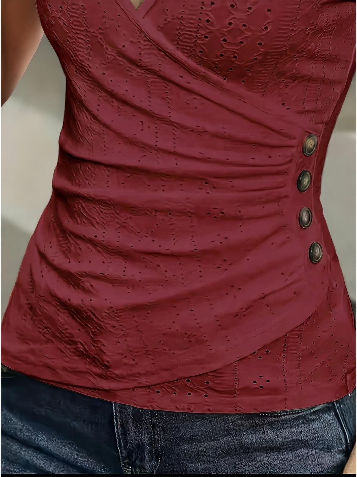 Women's V Neck Eyelet Embroidery Tank Top Lace Blouse Sleeveless Ruched Summer Top Boho Button Side Wrap Front Shirt Slim Fit Flattering Daily Beach Office Vacation