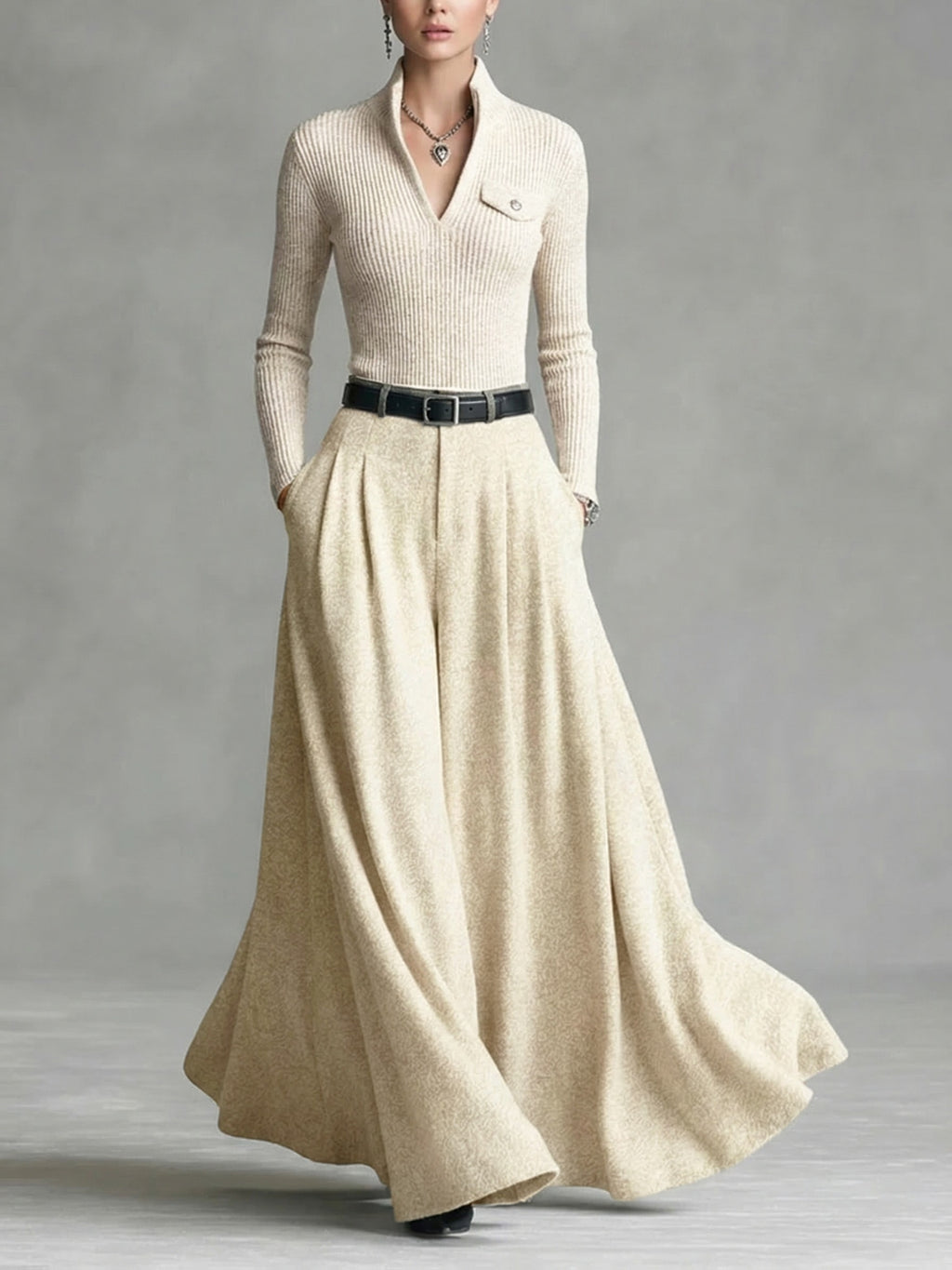 Ribbed Top Draped Wide-Leg Long Skirt 2pcs Set Women Relaxed Luxurious Casual Chic Citywalk Gathering Spring Summer All-Season Grey Outfit M-XXL