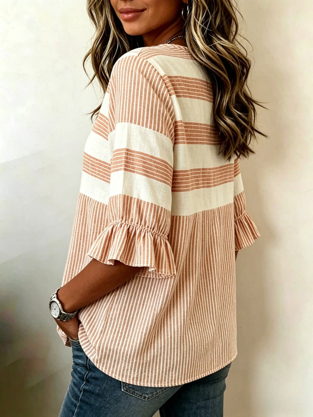 Striped V-Neck Blouse Women Ruffle 3/4 Sleeve Loose Fit Tunic Top Lightweight Linen Button Detail Summer Shirt S-2XL