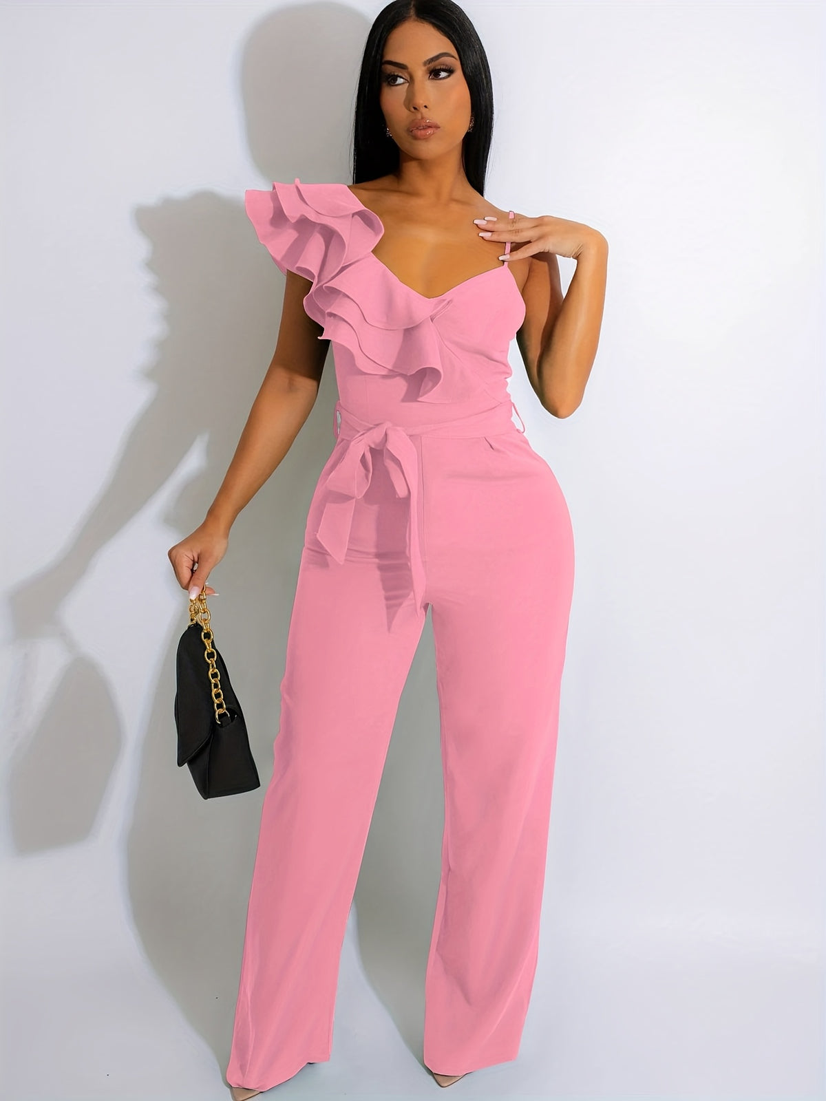 Wide Leg Ruffle Jumpsuit for Women, V-Neck Sleeveless Elegant Romper, Sexy Party Clubwear One Piece Overalls, Asymmetric Spaghetti Strap Summer Jumpsuit