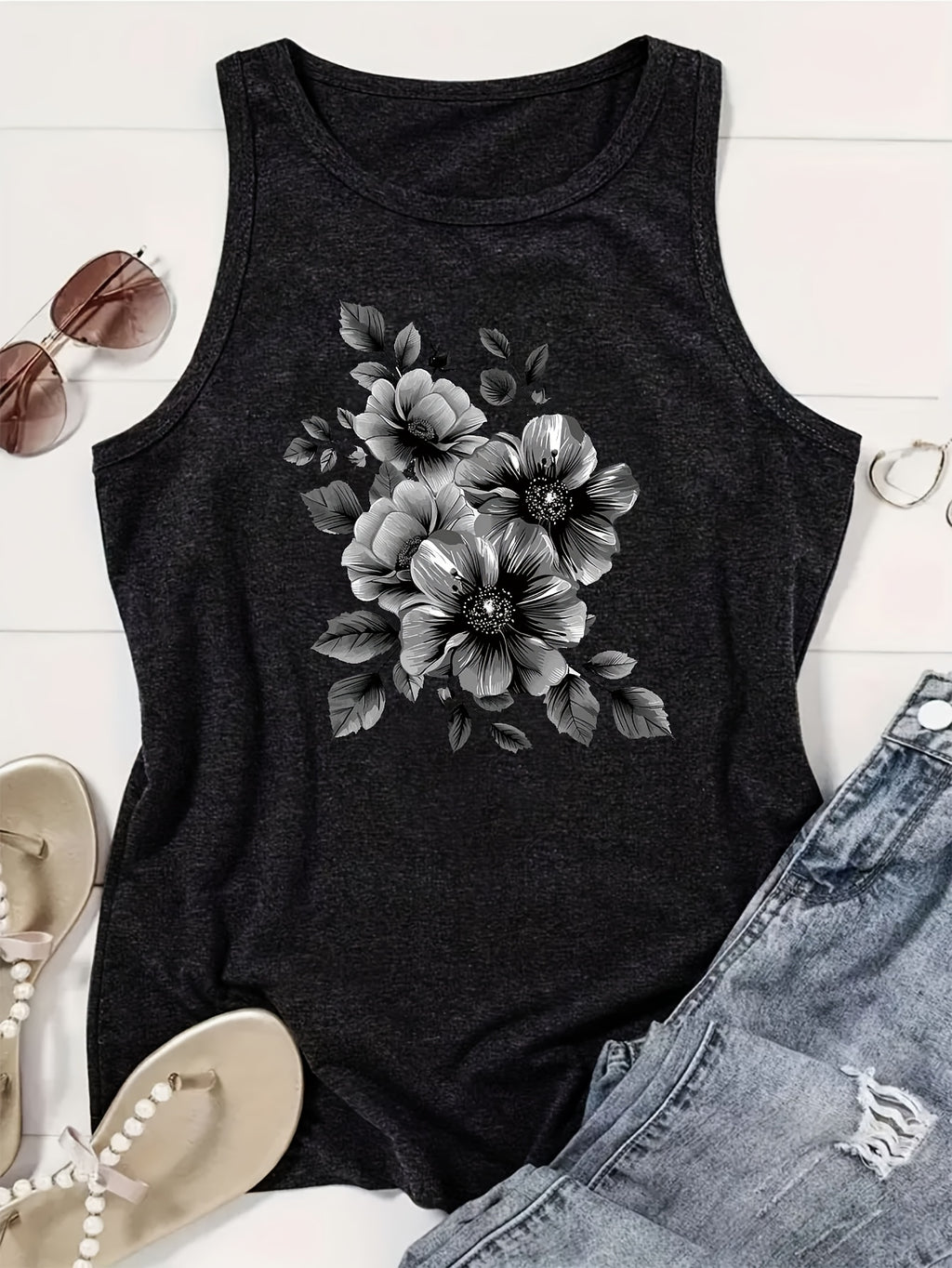 Print Tank Top Women Casual Crew Neck Sleeveless Summer Tee Graphic Top