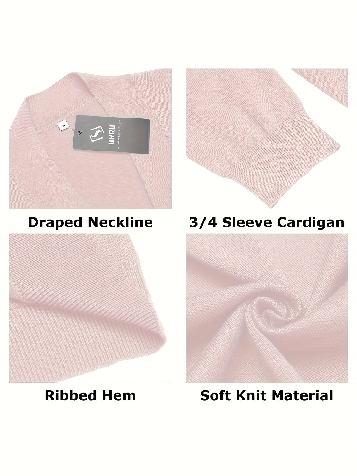 Cropped Open Front Cardigan Women 3/4 Sleeve Knit Shrug Ribbed Hem Draped Neckline Lightweight Stretchy Layering Top 9 Colors Spring Summer Fall S-XXL