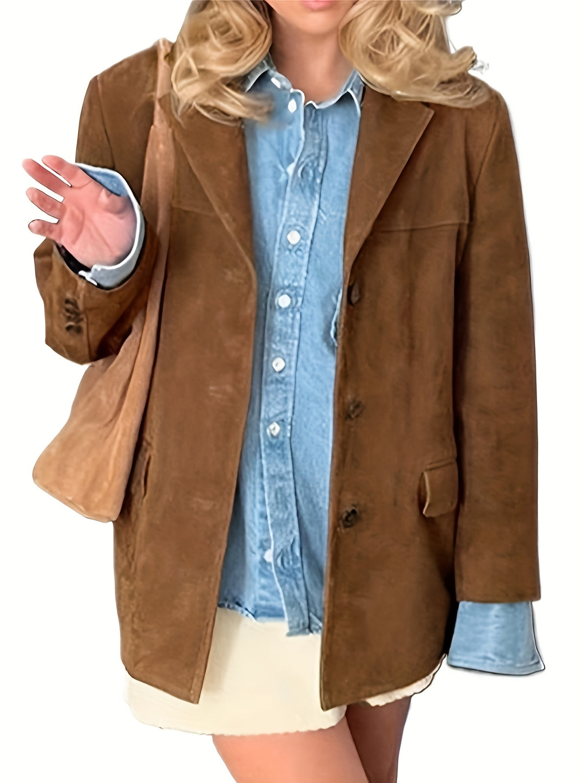 Women Y2K Suit Collar Blazer Jacket Midi Length Long Sleeve Loose Fit Vintage Style Light Brown S-XXL