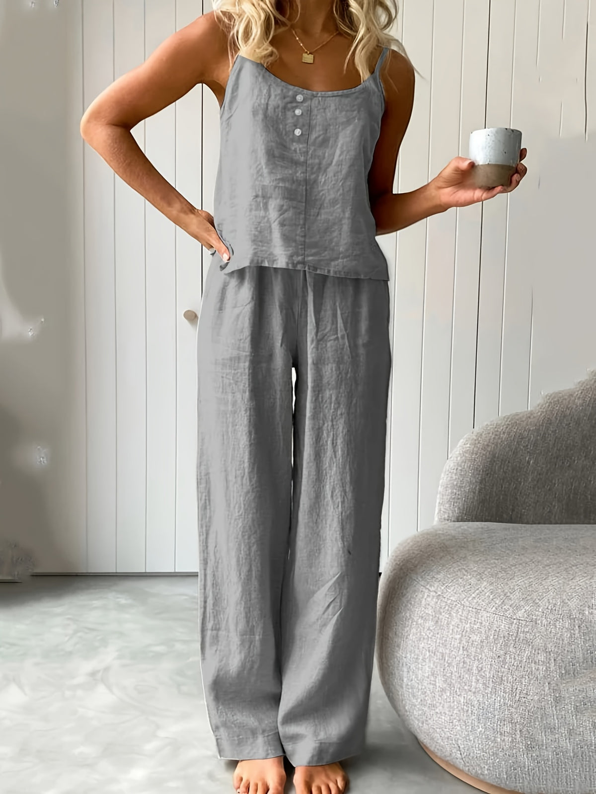 Camisole Pants Two-Piece Set Women Sleeveless Loose Fit Elegant Coord Outfit | Chic Feminine Matching Set for Summer Spring Casual Daily Wear & Vacation