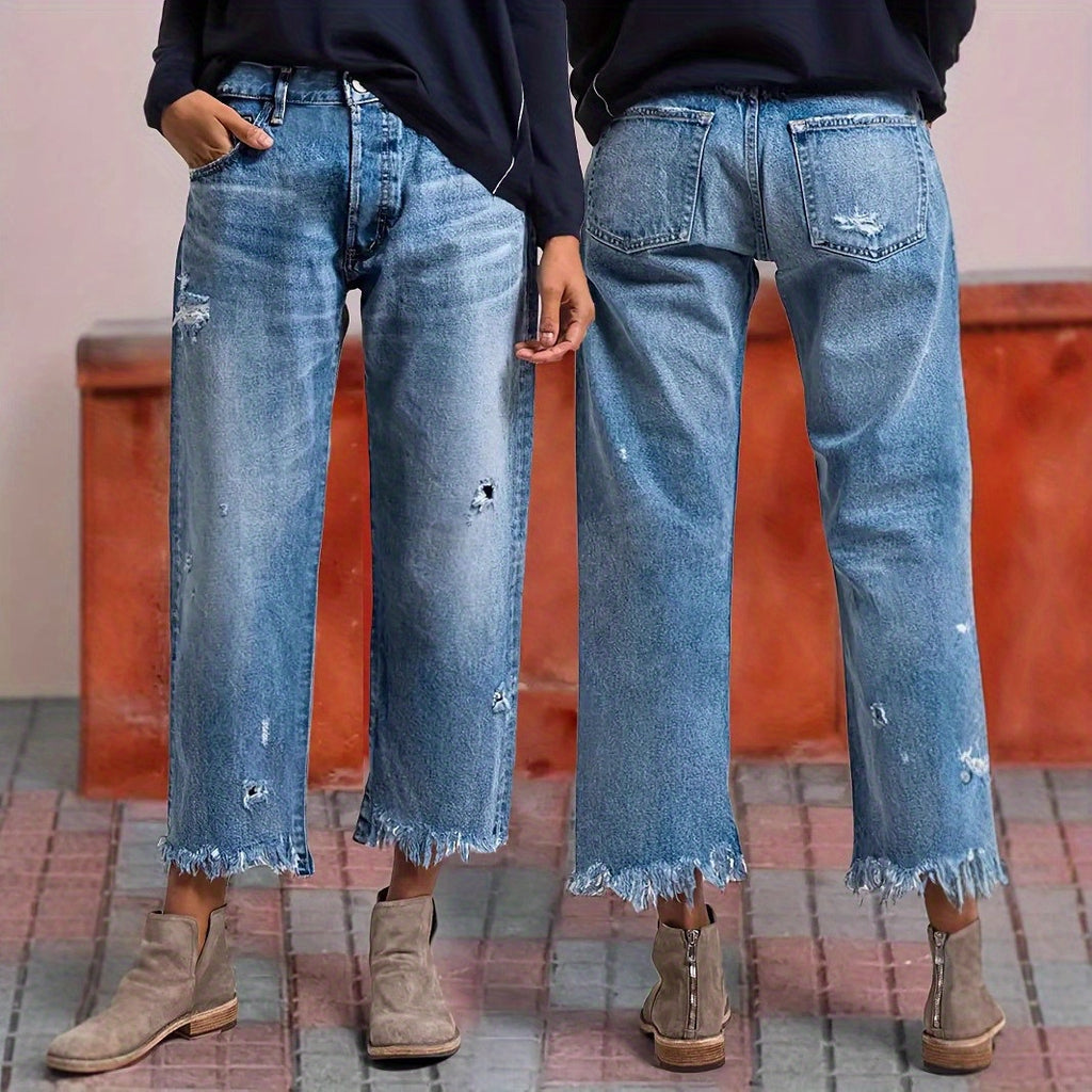 Tassel Hem Slim Jeans for Women Casual Straight Leg Blue Denim Pants All-Match Fringe Trouser Legs Everyday Fashion S-XXL