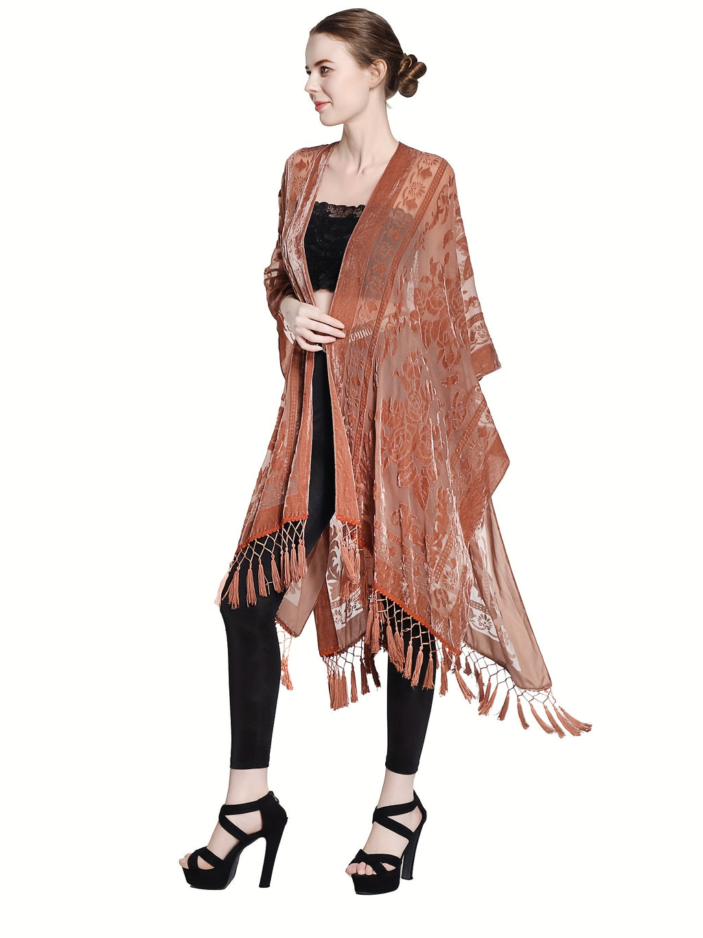 Boho Burnout Velvet Kimono Women Long Cardigan Cover Up Tassel Floral Embroidered One Size