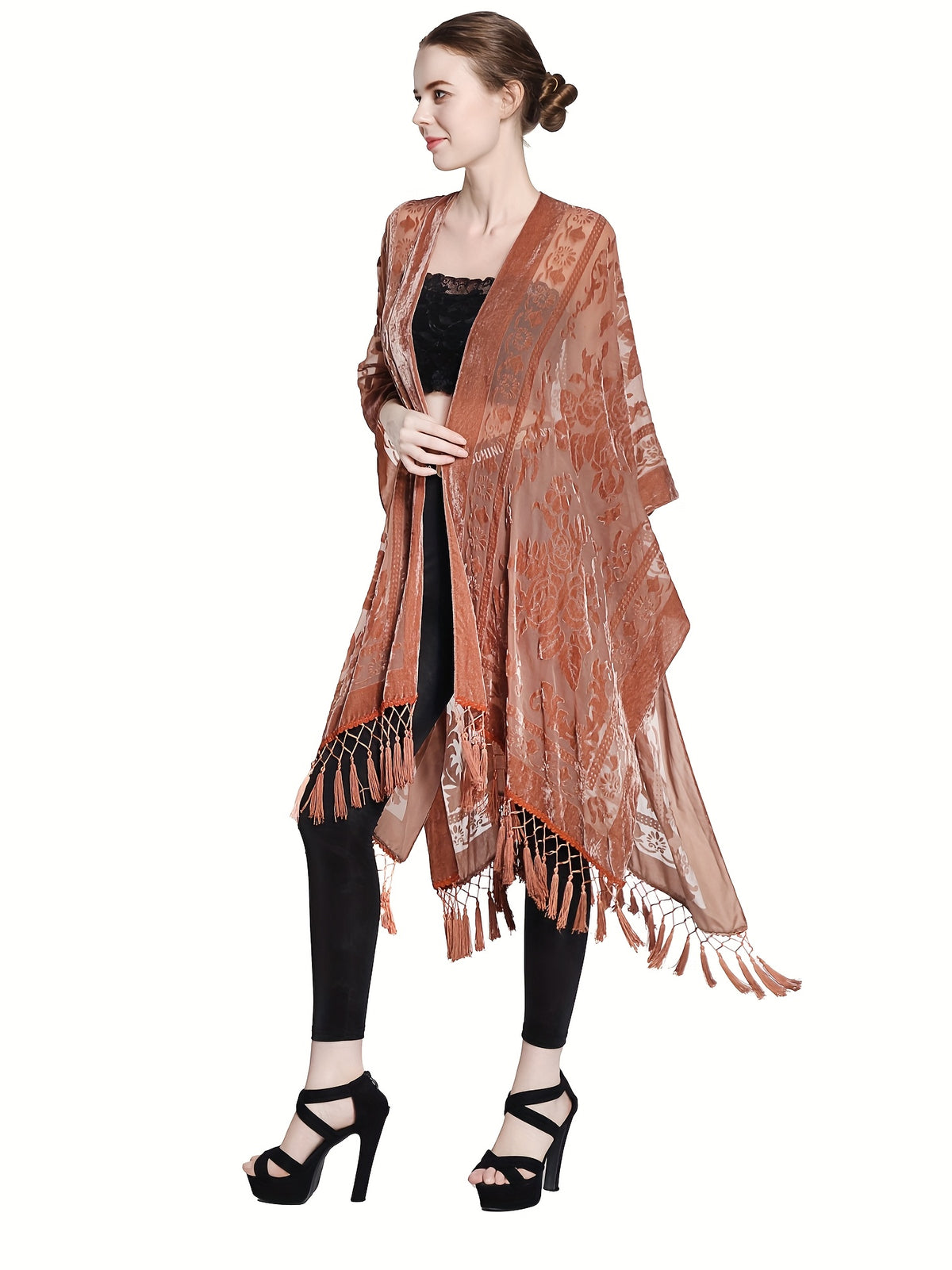 Boho Burnout Velvet Kimono Women Long Cardigan Cover Up Tassel Floral Embroidered One Size
