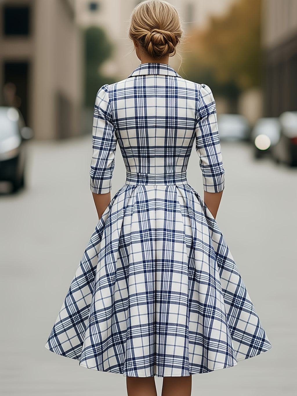 Burgundy Plaid Blazer-Style Midi Dress Women Waist-Defining A-Line Vintage Elegant Workwear Office Banquet Holiday Dress S-XXL