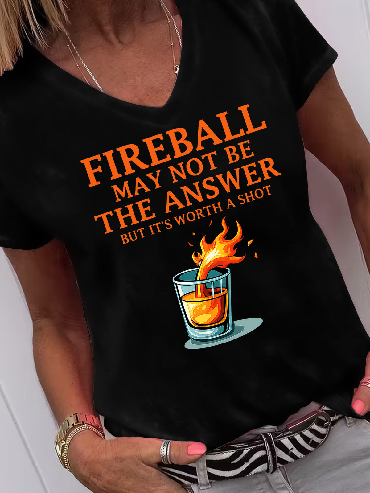 Fireball May Not Be The Answer Funny Quote V-Neck T-Shirt Women Casual Graphic Print 95% Polyester Stretch Knit Short Sleeve Novelty Holiday Gift Tee S-XXL