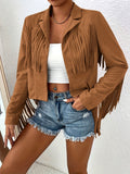 Tassel Trim V-Neck Jacket Women Solid Color Loose Fit Elegant Casual Layering Topper Spring Fall Machine Washable S-XL